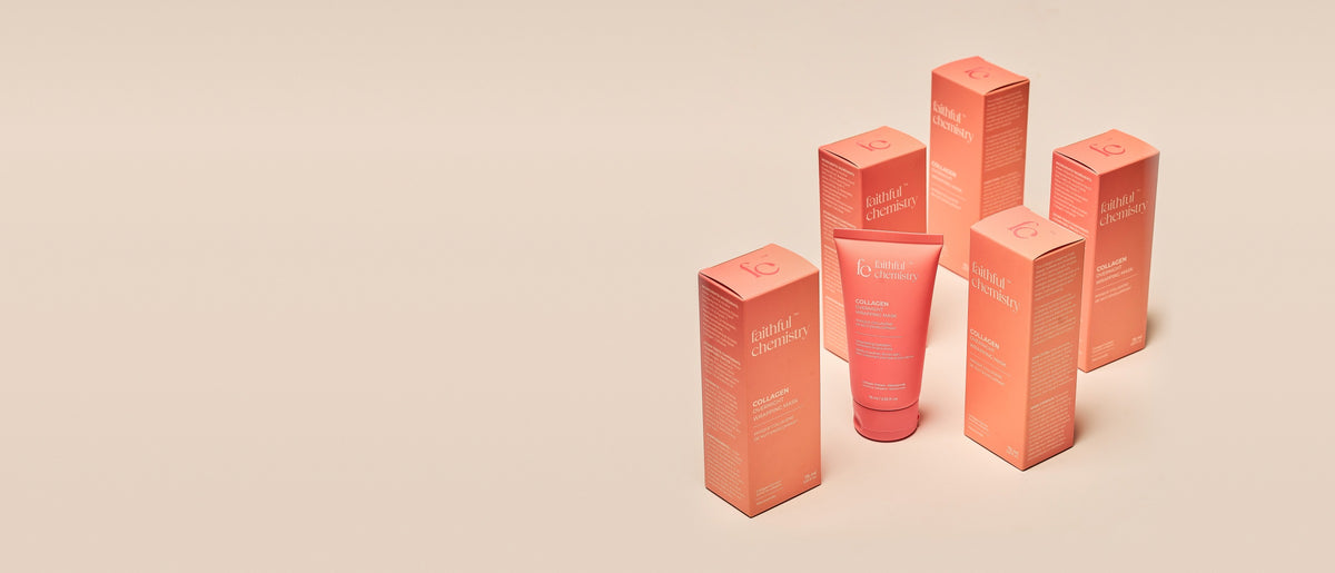 Faithful Chemistry Collagen Overnight Wrapping Mask tube and boxes on a cream backdrop