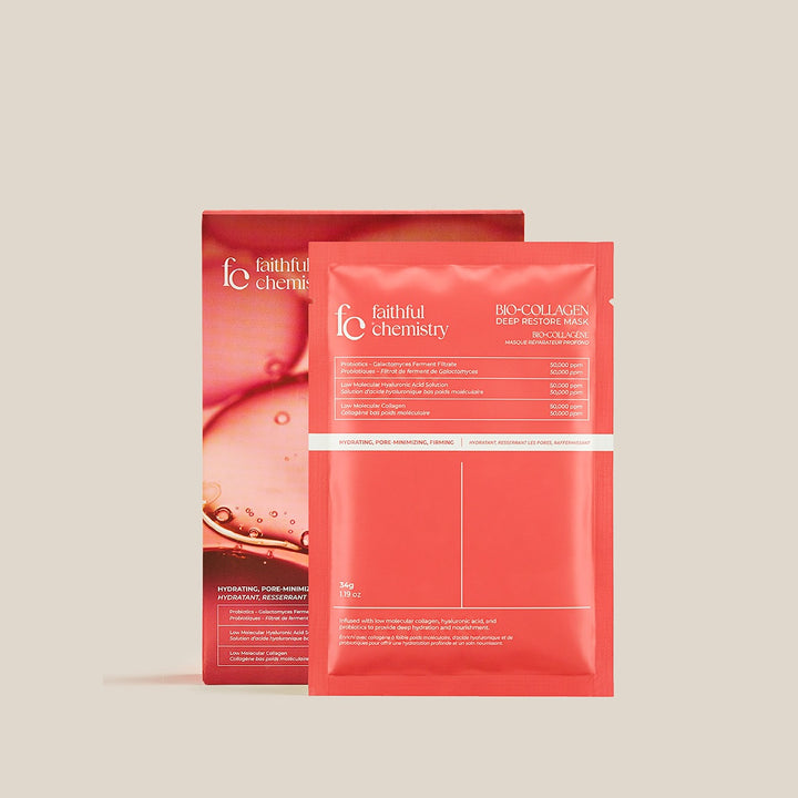 Faithful Chemistry Bio-Collagen Deep Restore Mask pouch and box on a cream surface