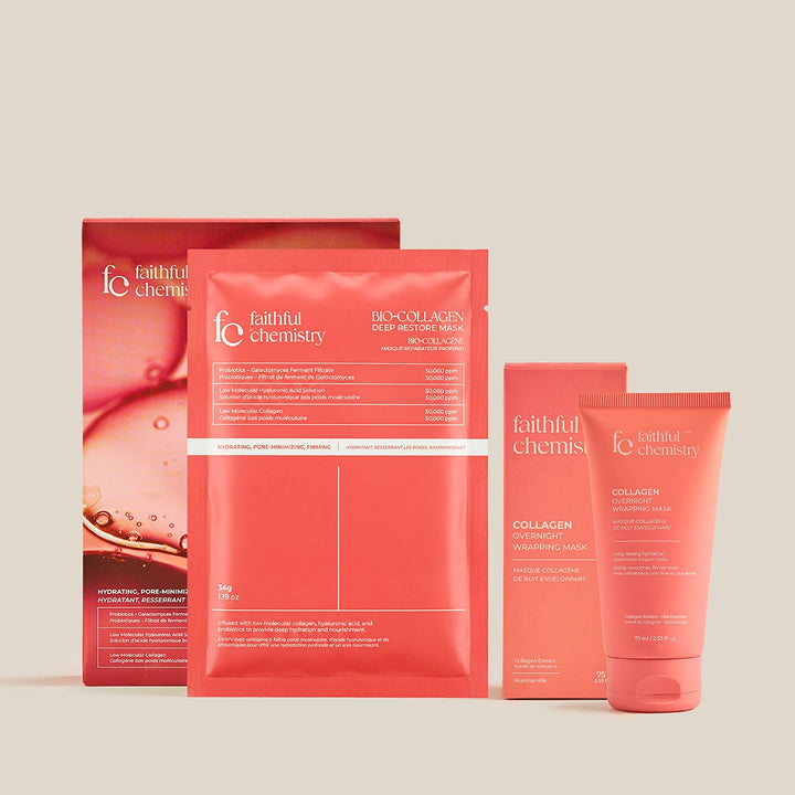 Faithful Chemistry Collagen Mask Duo: Bio-Collagen Deep Restore Mask pouch and box with Collagen Overnight Wrapping Mask tube and box